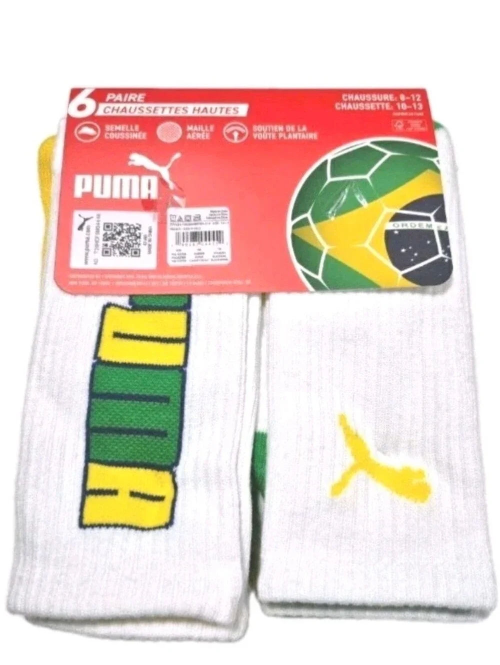 PUMA: MEN'S: (6) PACK: BRAZIL: CREW SOCKS: SOCCER: SIZE: 10-12: BRAND NEW